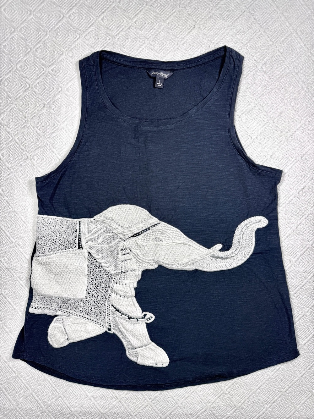 Lucky Brand Navy Sleeveless White Elephant Appliqué Tank Top L, Boho Embroidery